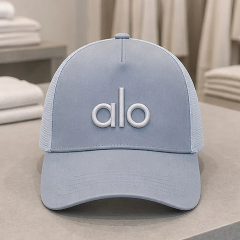 ALO Yoga Mist Blue Gray Travel Mesh Trucker Cap Hat Sporty